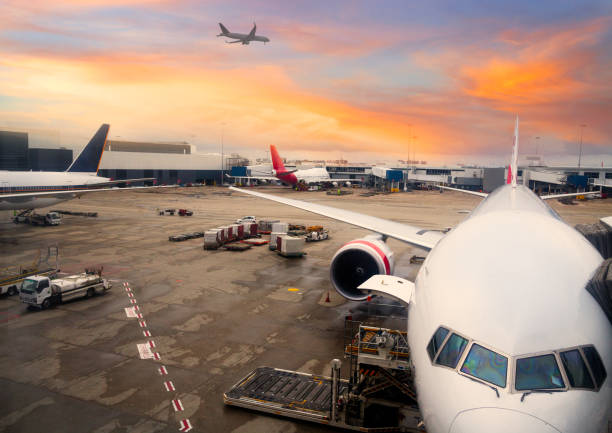 airplane parked at sydney international airport - istockalypse imagens e fotografias de stock