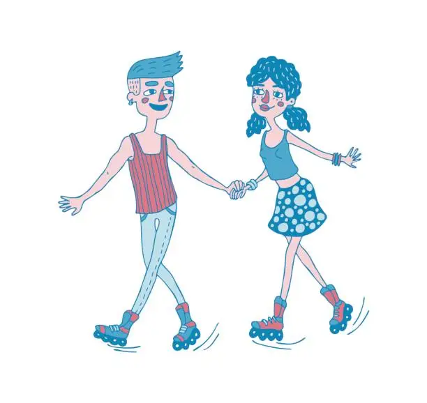 Vector illustration of Young couple holding hands and roller skating together. Dating.