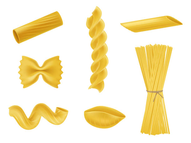 illustrazioni stock, clip art, cartoni animati e icone di tendenza di illustrazione vettoriale set di icone realistiche di maccheroni secchi, pasta di vario genere - spaghetti crudi