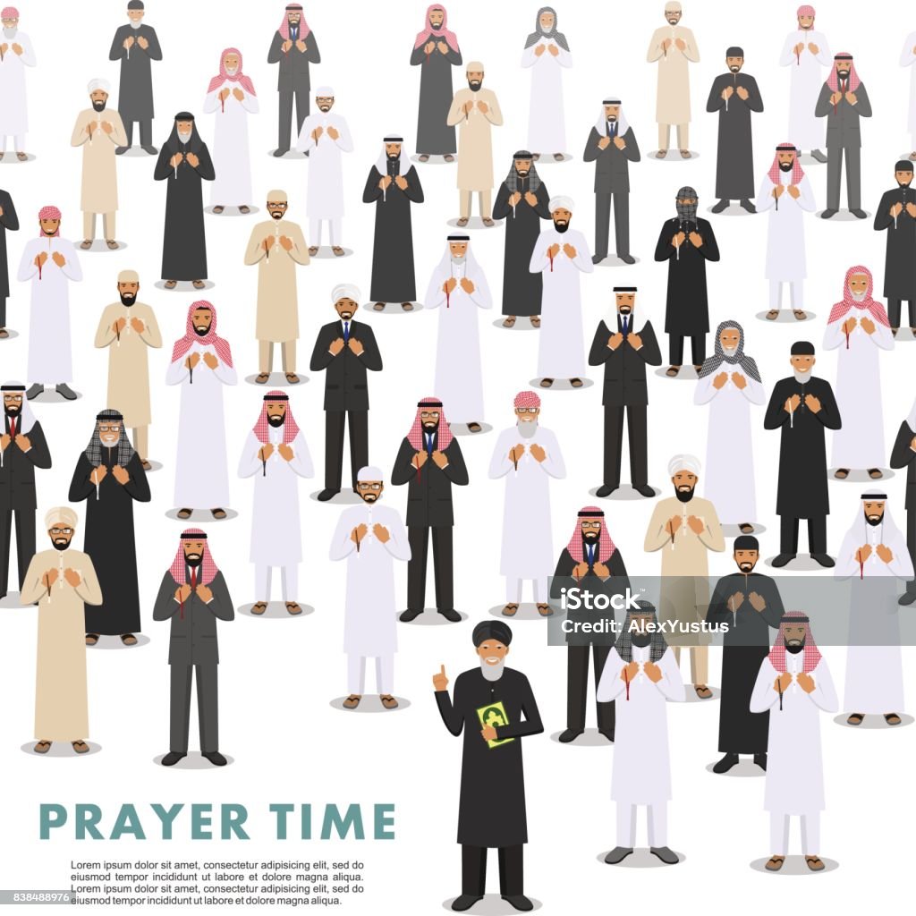 기도 시간입니다 완벽 한 패턴입니다 다른 기도 무슬림 아랍 사람과 전통적인 아라비아 옷에 물 라 서 꾸 란과 평 복입니다 이슬람 남자  손에 구슬 가진 기도 벡터 일러스트입니다 기도하기에 대한 스톡 벡터