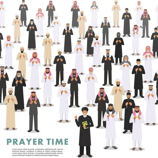 Vector illustration of Prayer time. Seamless pattern. Different standing praying muslim arabic people and mullah in traditional arabian clothes. Mufti with quran. Islamic men with beads in hands pray. Vector illustration.