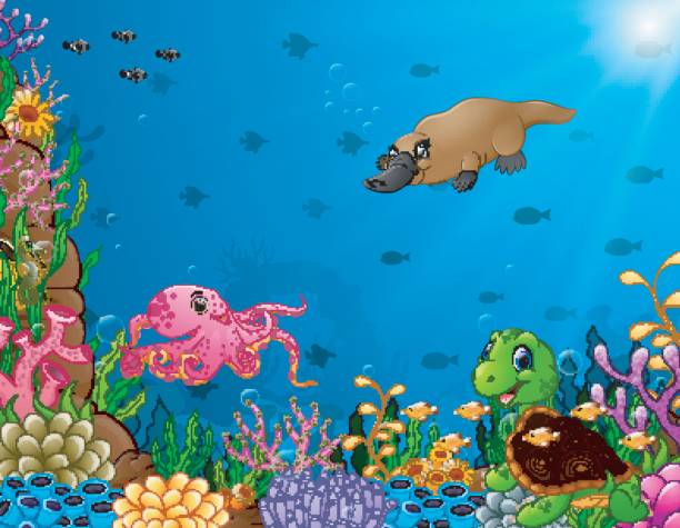 ilustrações de stock, clip art, desenhos animados e ícones de cartoon tropical animal with beautiful underwater world - 3500