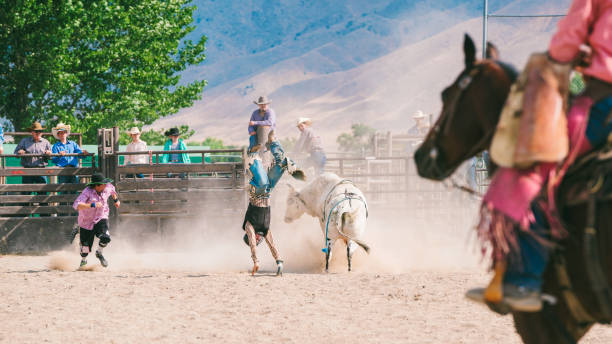 istock Young cowboy being tossed from a bull and falling to the ground 838492392