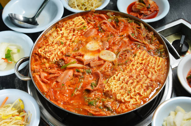 Budae jjigae hot pot Close up budae Jjigae hot pot Kimchi stock pictures, royalty-free photos & images