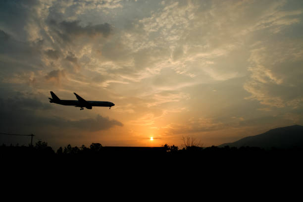 istock Airplane Landing with Yellow sky sunset background 838501620