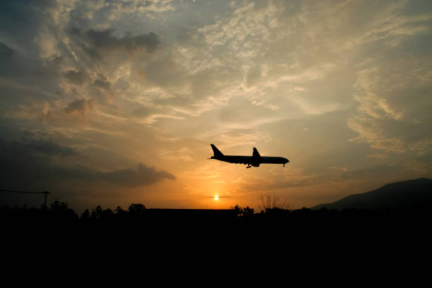istock Airplane Landing with Yellow sky sunset background 838501688