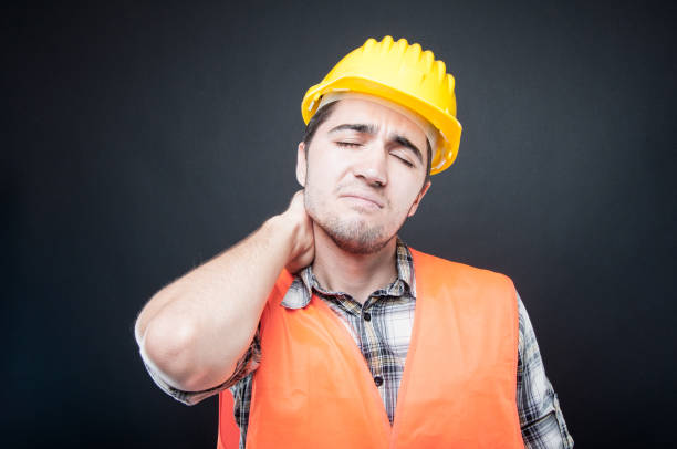 istock Portrait of constructor holding neck like hurting 838506298