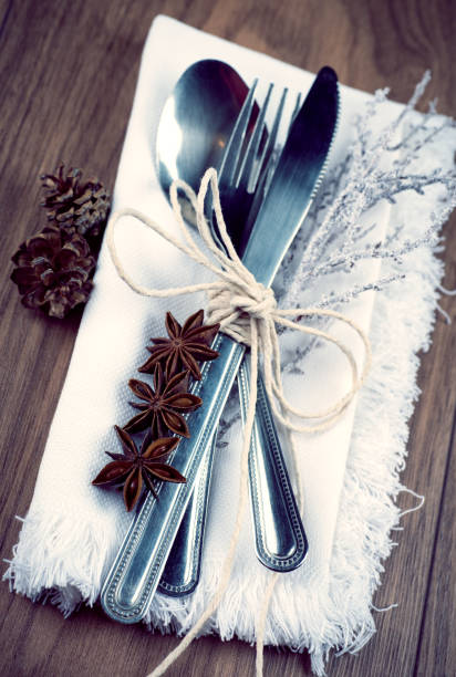 istock Christmas table setting in silver, brown and white color tone 838508198