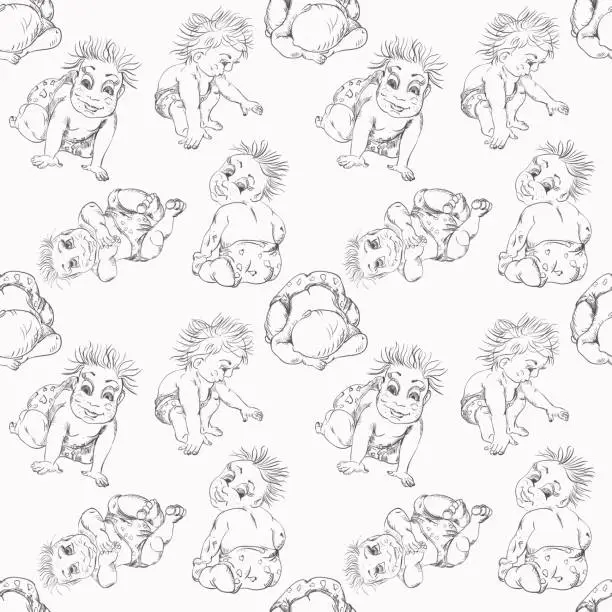 Vector illustration of Seamless pattern of a sketch of an infant different pose of children