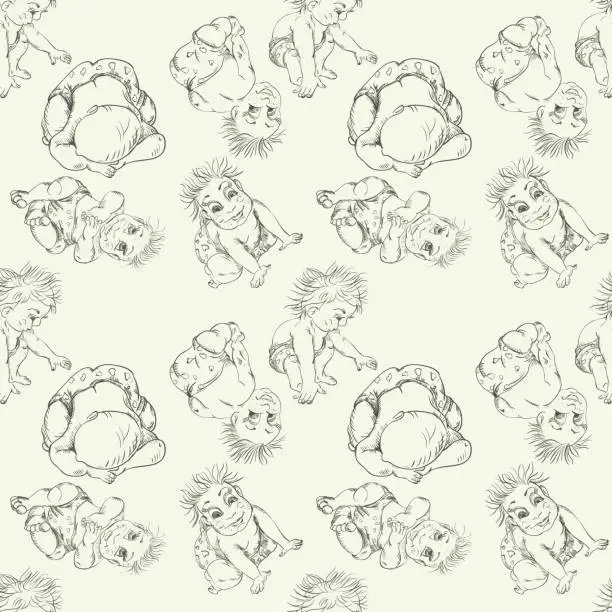 Vector illustration of Seamless pattern of a sketch of an infant different pose of children 3