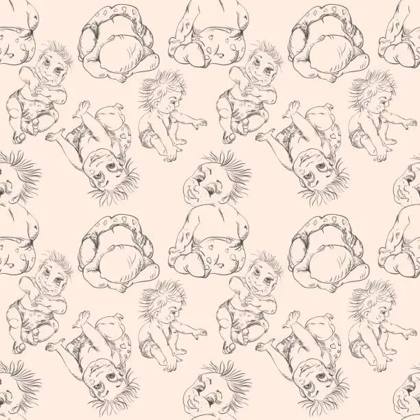 Vector illustration of Seamless pattern of a sketch of an infant different pose of children 4