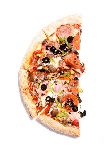 Half of pizza with ham, pepperoni, pepper, cheese, mushrooms, olives, isolated on white background