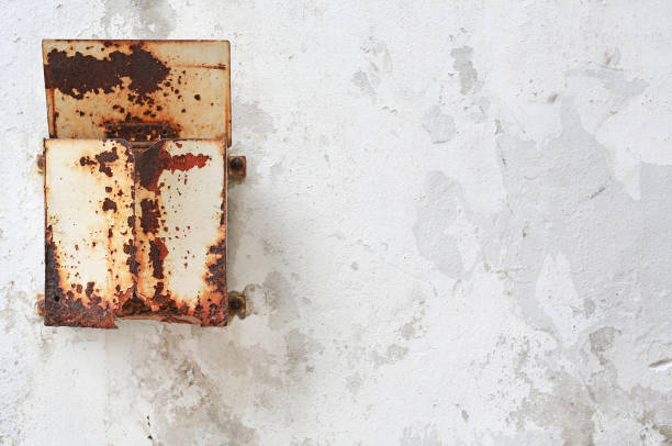 istock Rusty neglected vintage metal post box attached on wall with deterioration. 838524150