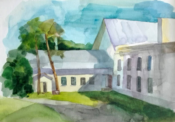 istock watercolor painting, cityscape, white building and trees 838525346