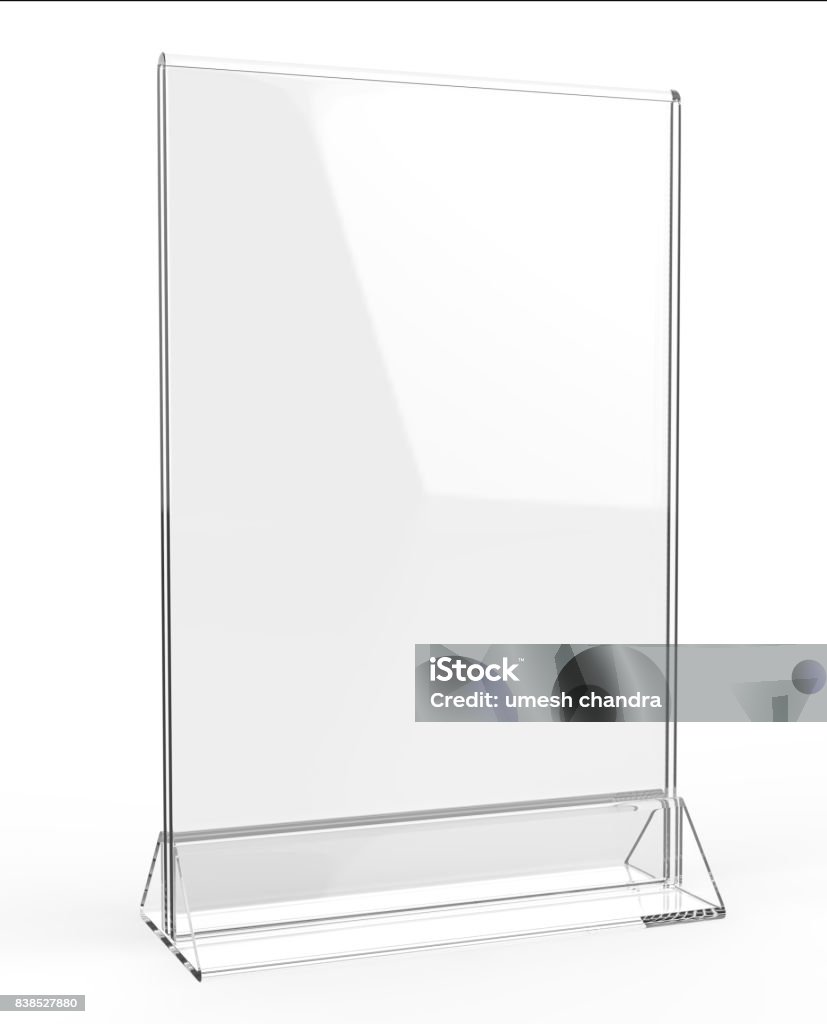 Clear plastic and acrylic  table talkers promotional upright menu table tent top sign holder 11x8 table menu card display stand picture frame for mock up and template design. Acrylic Glass Stock Photo