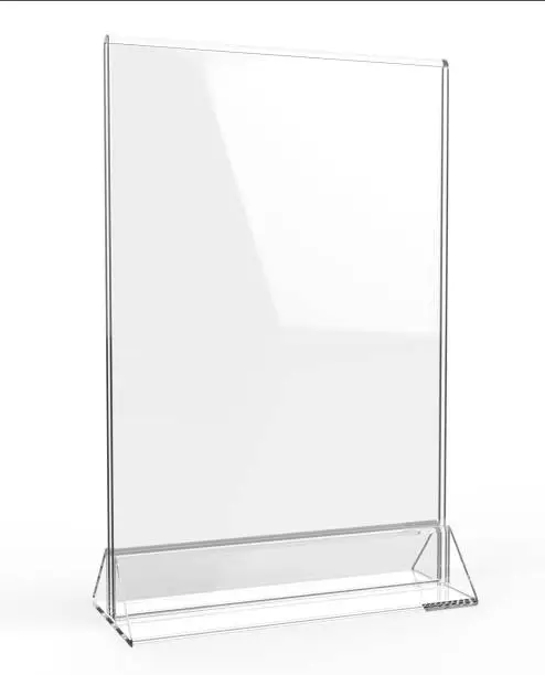 Photo of Clear plastic and acrylic  table talkers promotional upright menu table tent top sign holder 11x8 table menu card display stand picture frame for mock up and template design.