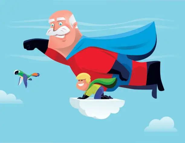 Vector illustration of superhero grandfather and grandson