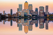 Pink sunset at Canary Wharf in London