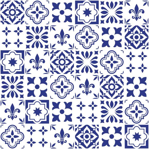 geometrischen vektor fliesen design, portugiesisch oder spnish nahtlose dunkelblaue fliesen, azulejos-muster - ceramics stock-grafiken, -clipart, -cartoons und -symbole