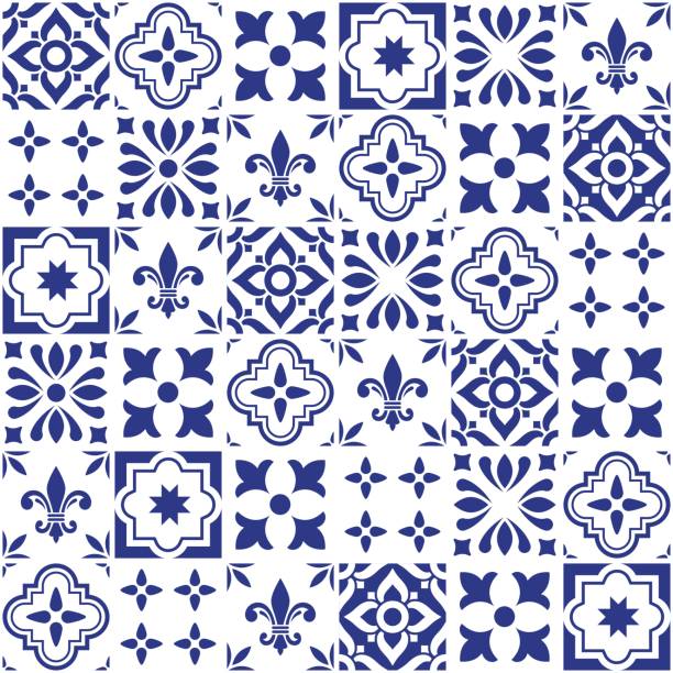 геометрический вектор плитки дизайн, португальский или spnish бесшовные темно-синие плитки, azulejos шаблон - spanish culture pattern tile backgrounds stock illustrations