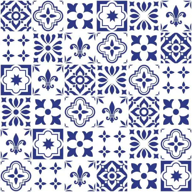 Vector illustration of Geometric vector tile design, Portuguese or Spnish seamless navy blue tiles, Azulejos pattern