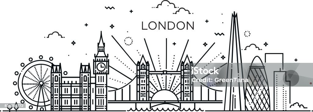 Linear banner of London city. Minimal London city Linear Skyline. Line art London - England stock vector