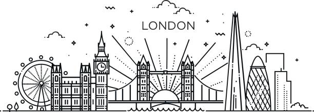 Linear banner of London city. Minimal London city Linear Skyline. Line art big ben stock illustrations