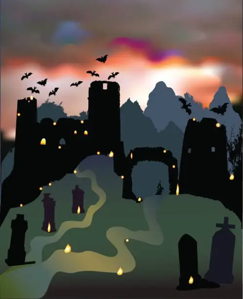 Vector illustration of Dark scary halloween landscape with ruins of castle, gate, cemetery, bats and dramatic sky