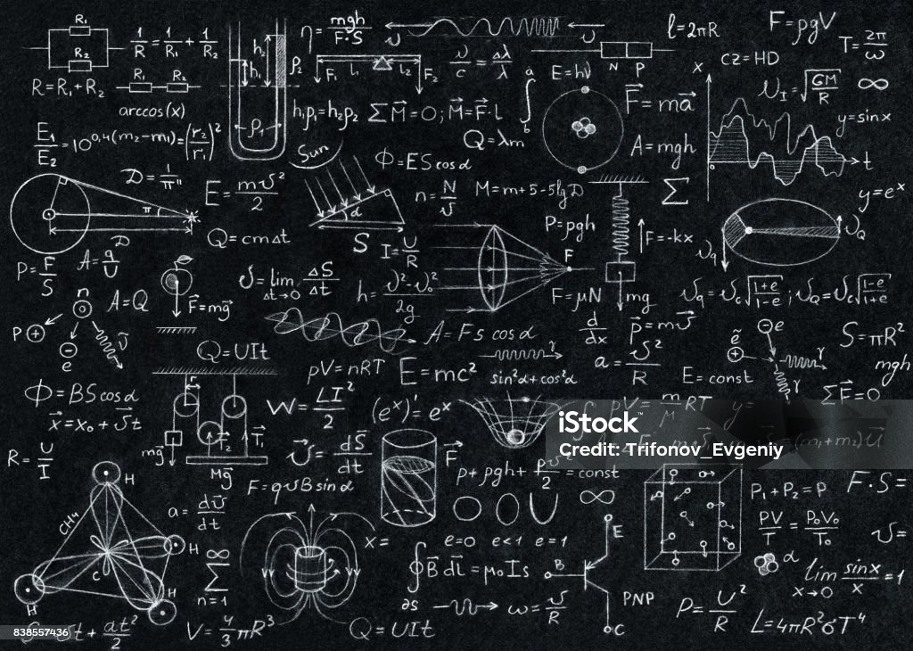 Math, physics formulas Math, physics formulas and symbol on black background. Chalkboard - Visual Aid Stock Photo