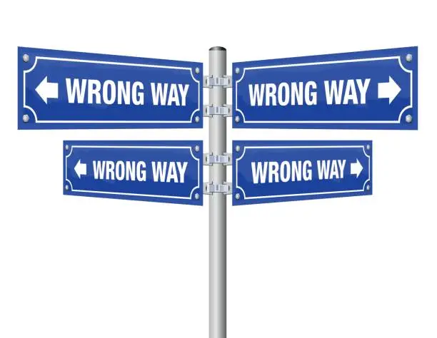 Vector illustration of Wrong way guidepost showing in four different directions that lead always to an incorrect destination - symbolic for misconduct, pessimism, wrongdoing, misstep and other false choices or decisions.