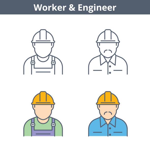 Occupations linear avatar set: engineer, worker. Thin outline icons. Occupations colorful avatar set: engineer, worker. Flat line professions userpic collection. Vector thin outline icons for user profiles, web design, social networks and infographics. web page computer icon symbol engineer stock illustrations