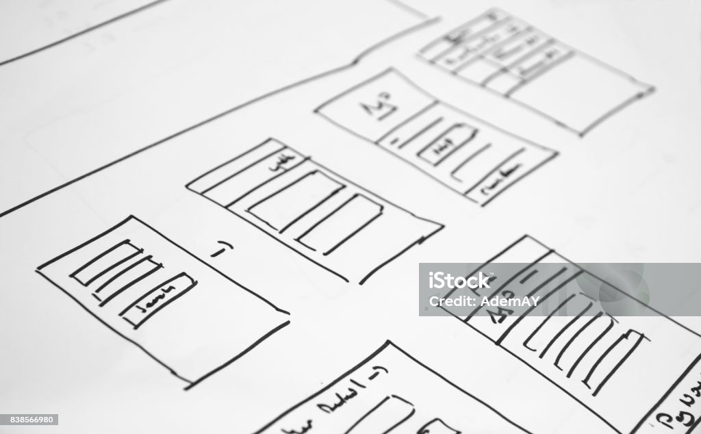 wireframe Web layout sketch paper Book, mobile and web sketch Web Page Stock Photo