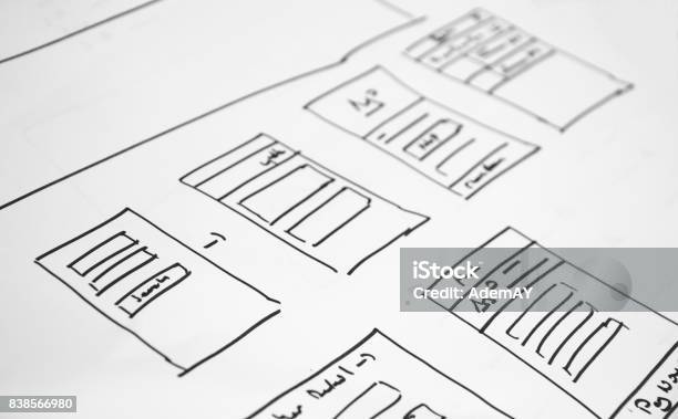 Wireframe Web Layout Sketch Paper Book Mobile And Web Sketch Stock Photo - Download Image Now