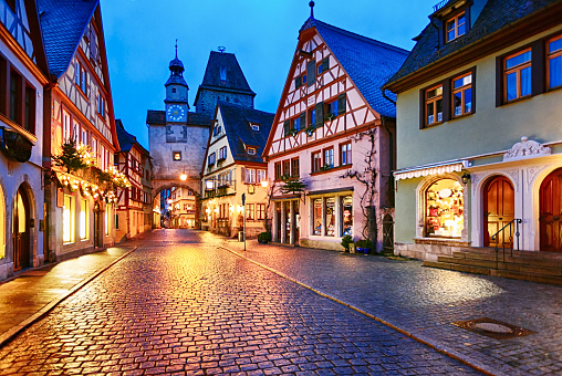 Night view of christmas decorated Rothenburg ob der Tauber, Bavaria, Germany