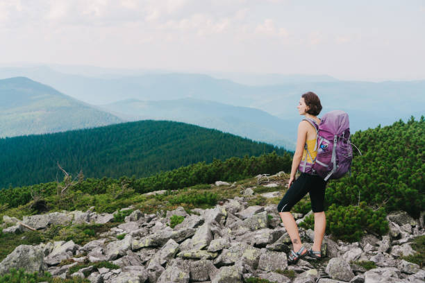 istock Woman with backpack looking at scenic view of mountains 838714246