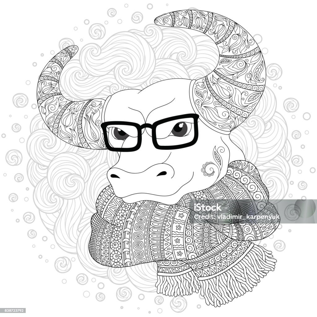 Hand drawn doodle outline cow head decorated with ornaments. Hand drawn doodle outline cow head decorated with ornaments. Bull in a scarf and glasses. Freehand sketch for adult anti stress coloring book page with doodle and doodle elements. Abstract stock vector