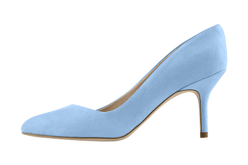 Pale cyan blue suede spike high heels shoe isolated on white