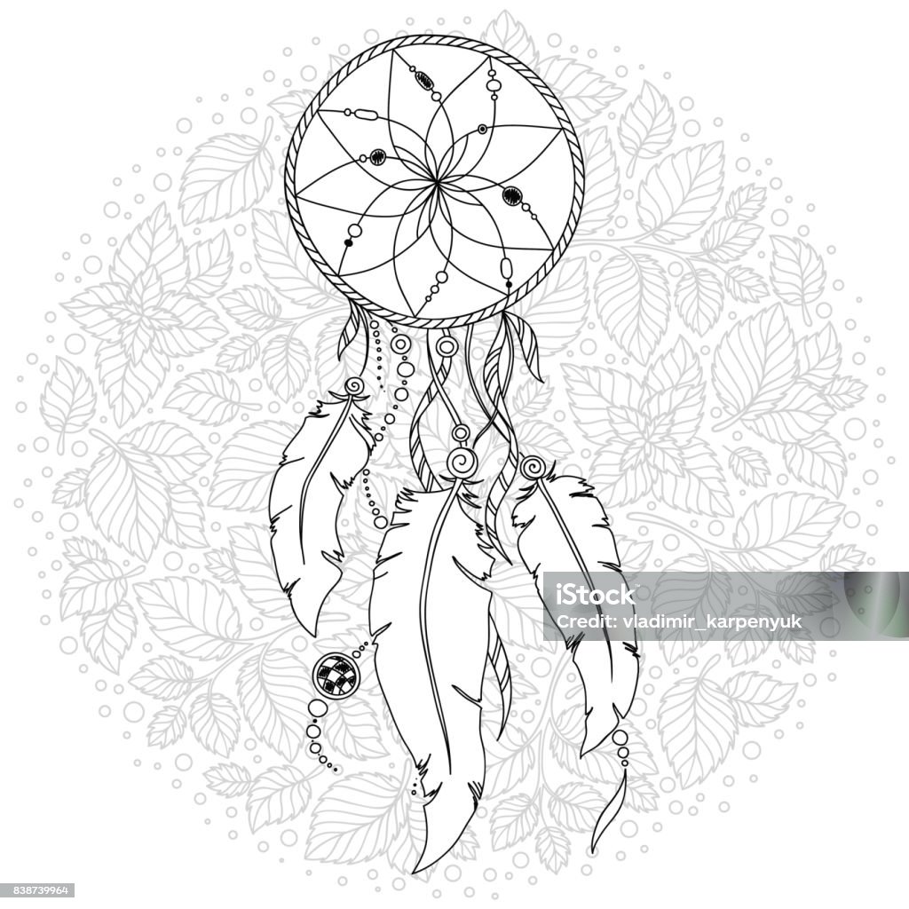 Hand drawn monochrome Dreamcatcher isolated on white background. Dreamcatcher with feathers and flowers. Boho style. Hand drawn magic symbol. Black and white, suitable for coloring book. Bohemian collection. Vector illustration. Abstract stock vector