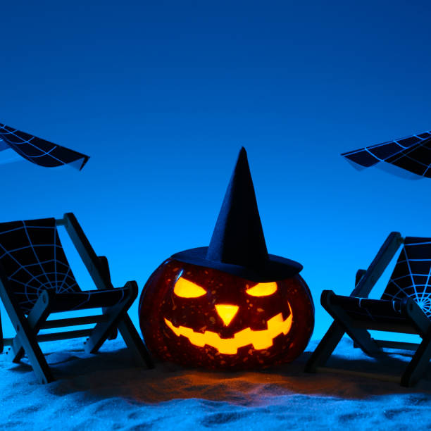 istock Carved pumpkin in composition on sand 838740720