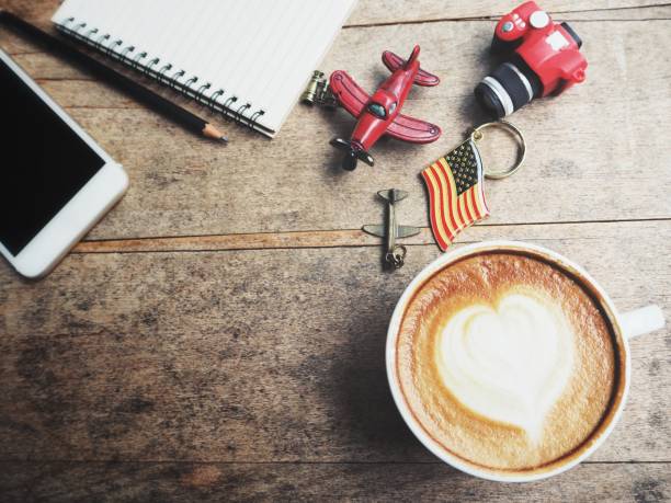 Travel accessories of smart phone with blank notepad and coffee cup with toy plane