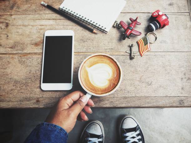 Woman drinking coffee cup with travel accessories