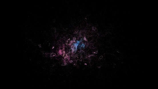 Dispersion of small particles of different colors on a black background. 3d rendered