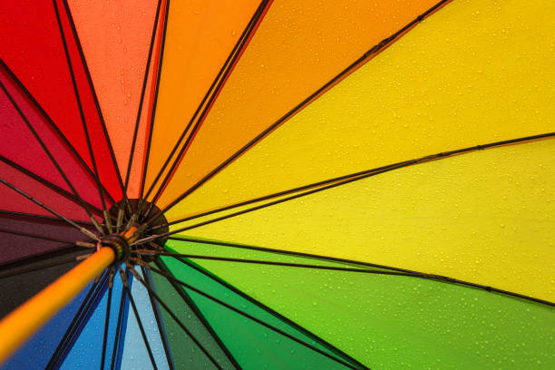 Autumn background, close up of colorful umbrella in the rain with copy space