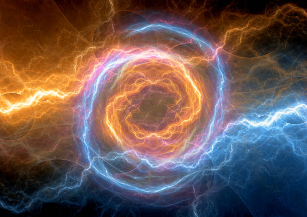 istock Fire and ice lightning, power and energy background 838779698