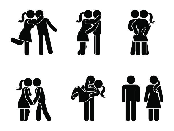 strichmännchen küssen paar gesetzt. mann und frau in liebe-vektor-illustration auf weiß. freund und freundin umarmen, kuscheln und hält die hand piktogramm - sex symbol couple kissing women stock-grafiken, -clipart, -cartoons und -symbole