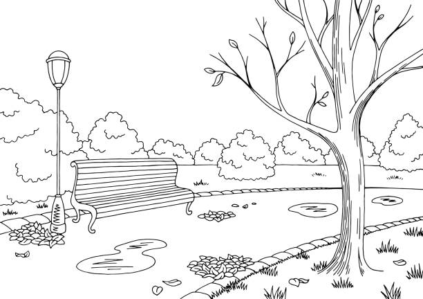 ilustrações de stock, clip art, desenhos animados e ícones de autumn park graphic black white landscape sketch illustration vector - scenics pedestrian walkway footpath bench