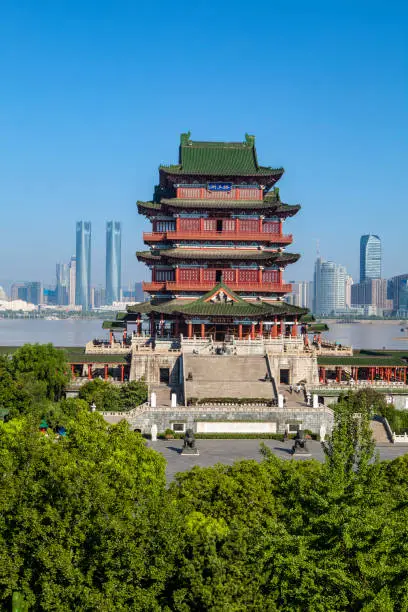 Photo of Chinese ancient buildings and modern architecture coexist