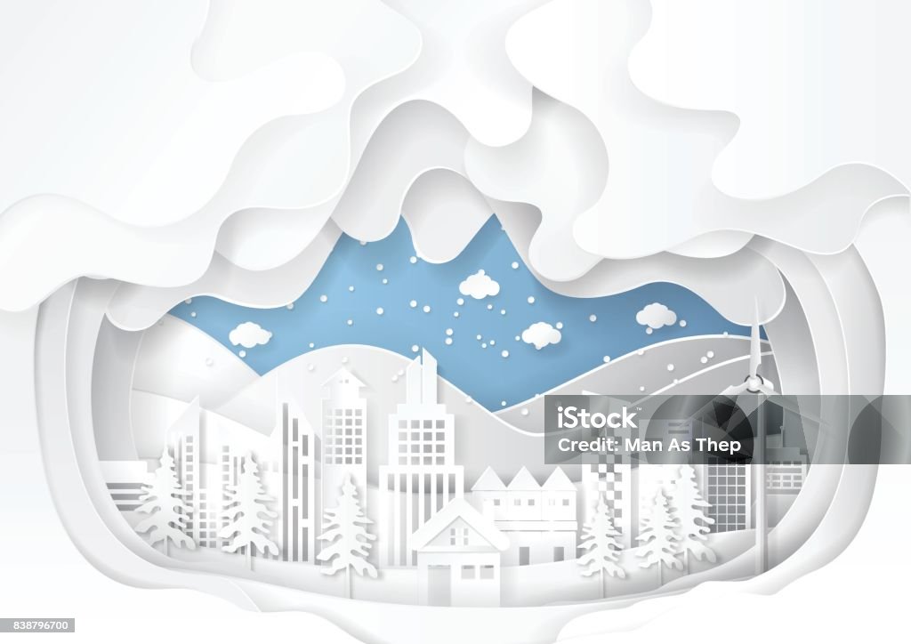 Urban cityscape on snow winter background. Urban cityscape on snow winter background.Paper art style of nature and environment conservation concept design.Vector illustration. Horizontal stock vector