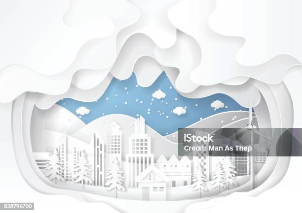 Urban Cityscape On Snow Winter Background Stock Illustration - Download Image Now - Horizontal, Landscape - Scenery, Paper