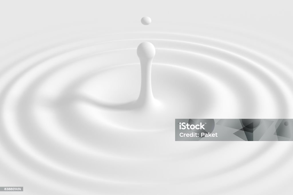 Drop falling into cream or milk Drop falling on milk, cream, dairy product. Yogurt milkshake swirl texture. Graphic design element for packaging, advertisement flyer, poster. Cream splash with circle ripple and drop. 3d illustration Milk Stock Photo